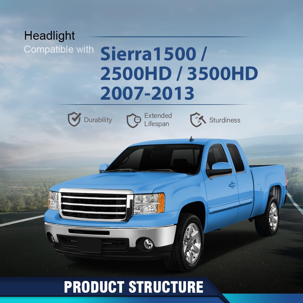 PIT66 Headlights Assembly Compatible with 2007-2013 GMC Sierra 1500 2500HD 3500HD Halogen Headlamps Accessories Driver & Passenger Side Clear Lens Amber Reflector faros delanteros