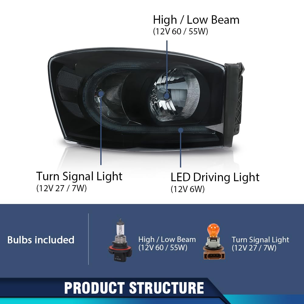 PIT66 LED Light Bar Headlights Assembly Fit 2006-2008 Dodge Ram 1500