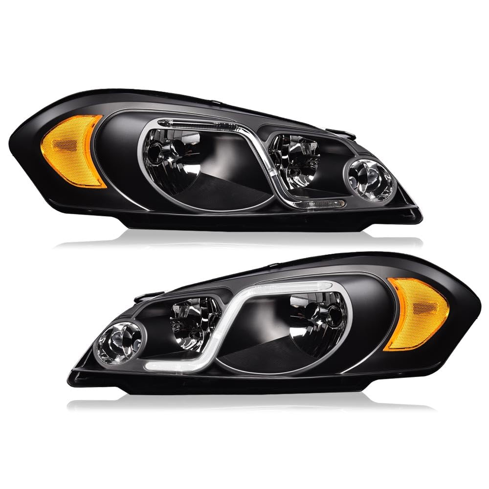 PIT66 LED DRL Headlight Assembly Compatible with 2006-2013 Chevy Impala /14-16 Impala Limited / 06-07 Monte Carlo Headlamp Clear lens Black Housing