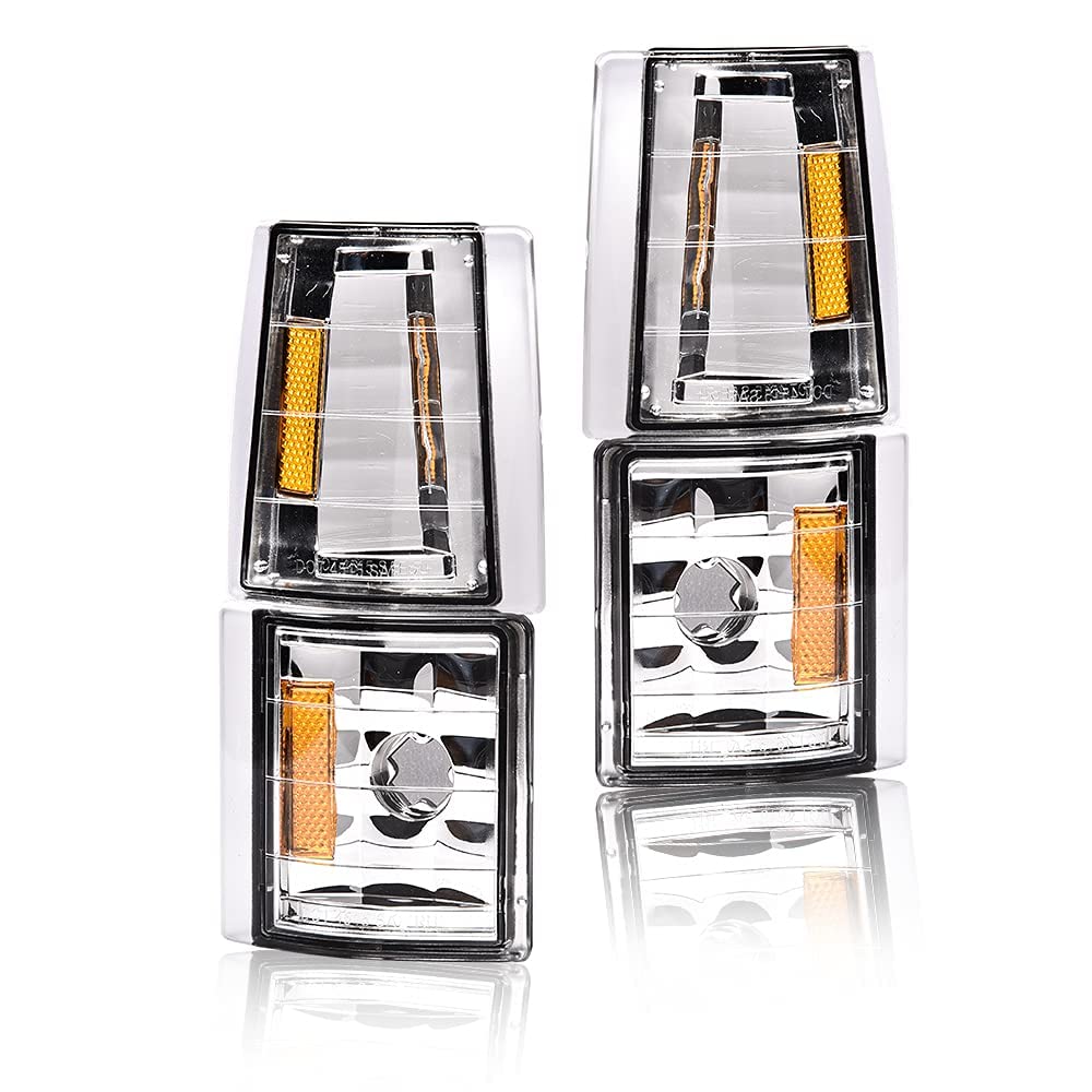 PIT66 Corner Signal Side Marker Lamps, Compatible with 94-99 Chevy C/K 1500 2500 3500 Suburban/Fit 95-99 Chevy Tahoe/Fit 94 Chevy Full Size Blazer Clear Lens Chrome Housing Amber Reflector