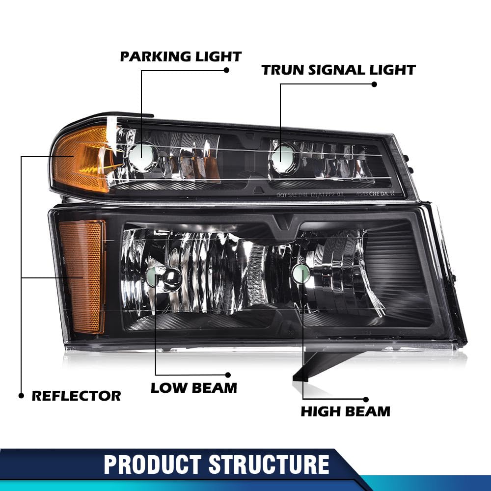PIT66 Headlight Assembly Compatible with 2004-2012 Chevy Colorado / 04-12 GMC Canyon / 2006-2008 Isuzu i-Series Clear Lens Black Housing Amber Reflector Halogen Headlamp