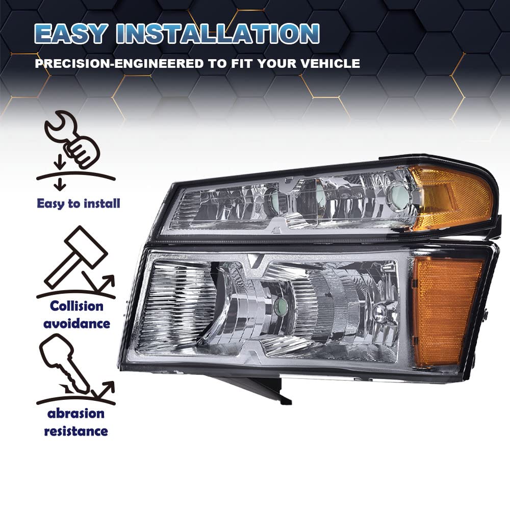 PIT66 Headlight Assembly Compatible with 2004-2012 Chevy Colorado/04-12 GMC Canyon/06 Isuzu i-280 i-350/2007-2008 Isuzu i-290 i-370 Smoke Lens Chrome Housing Amber Reflector Halogen Headlamp