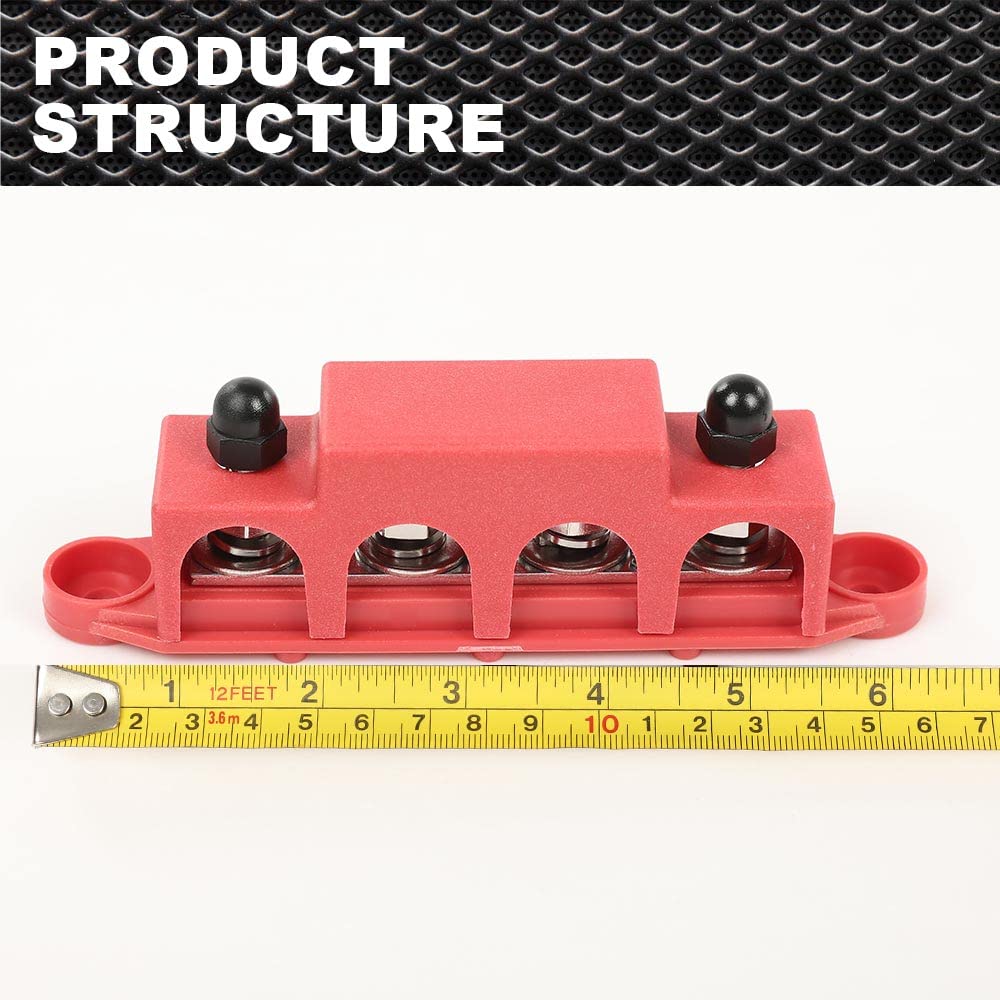 PIT66 12V 250A Power Distribution Block Bus Bar w/ 4 x 5/16"(M8) Studs,4 Post Battery Busbar Terminal Block Fit for Automotive Car RV Truck Marine Solar and Electrical Equipment, Red
