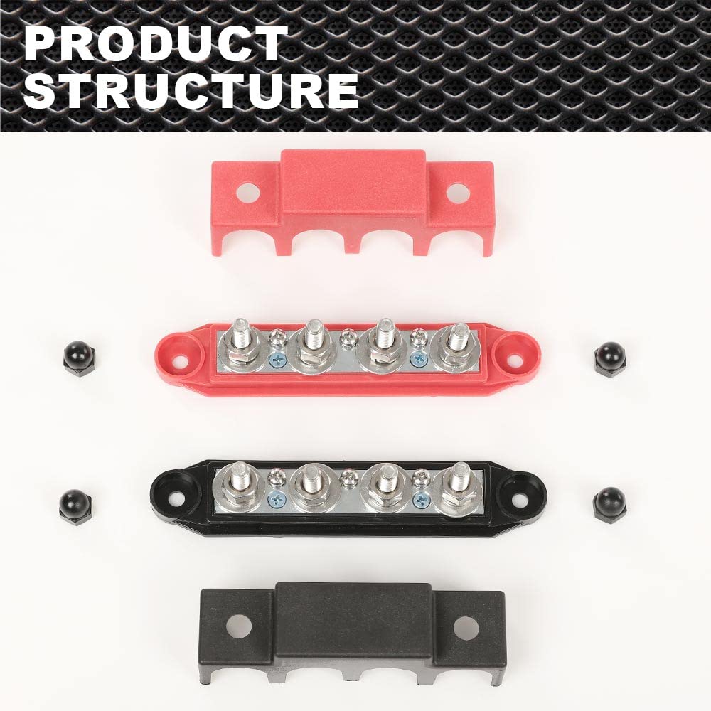 PIT66 12V 250A Power Distribution Block Bus Bar w/ 4 x 5/16"(M8) Studs,4 Post Battery Busbar Terminal Block Fit for Automotive Car RV Truck Marine Solar and Electrical Equipment, Red & Black