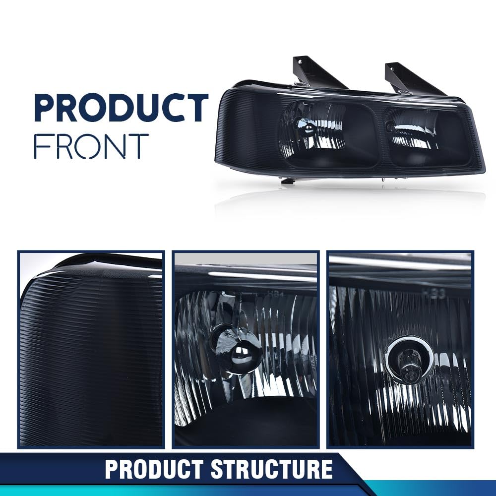 PIT66 Headlights Assembly Pair w/Bulbs Compatible with Chevy Express 1500/GMC Savana 1500 2003-2014, Fit Chevy Express 2500 3500/GMC Savana 2500 3500 2003-2021 (Smoky Lens Black Housing)