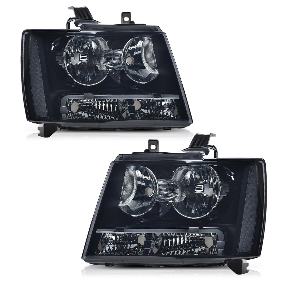 PIT66 Headlight Assembly Compatible with 2007-2014 Chevy Tahoe/Suburban 1500，Fit 07-13 Chevy Avalanche/Suburban 2500 Halogen Headlamps Smoke Lens Black Housing Clear Reflector