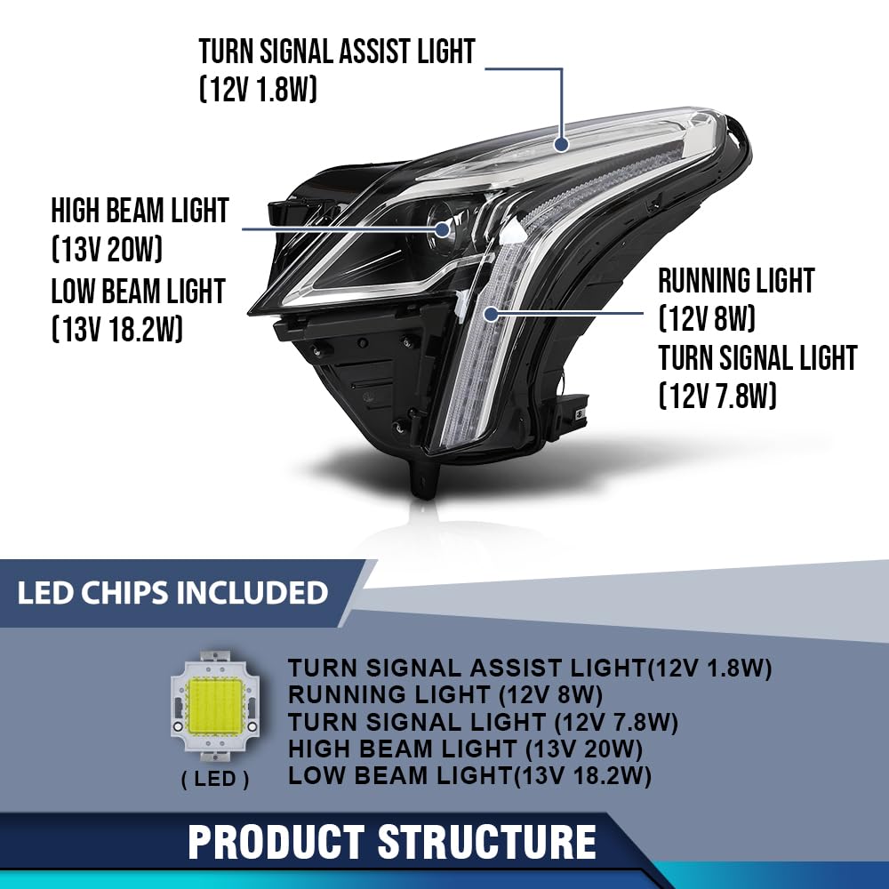 PIT66 Front Left Driver Side LED Headlight Assembly Headlamp 1 Pc Compatible with Cadillac XT5 2020 2021 2022 2023 84849607 Black