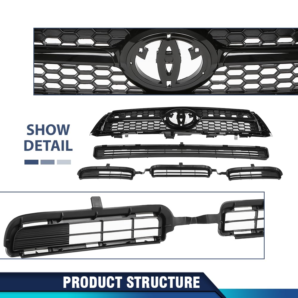 PIT66 Front Bumper Upper & Lower Grille Assembly Compatible with Toyota RAV4 Base/Sport 2009-2012 TO1036114, TO1036115, TO1200315, 531010R010, 531120R010, 531130R010 Glossy Black