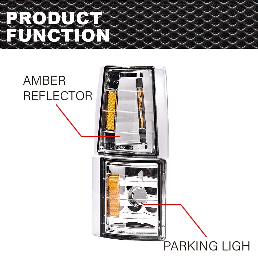PIT66 Corner Signal Side Marker Lamps, Compatible with 94-99 Chevy C/K 1500 2500 3500 Suburban/Fit 95-99 Chevy Tahoe/Fit 94 Chevy Full Size Blazer Clear Lens Chrome Housing Amber Reflector