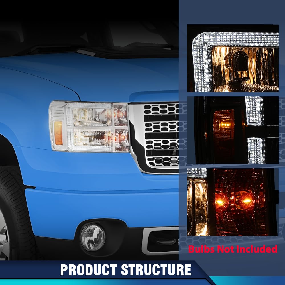 PIT66 LED DRL Headlights Assembly, Compatible with GMC Sierra 1500 2007-2013/Fit 2500HD 3500HD 2007-2014 (Not Fit 2007 Sierra Classic) Clear lens Chrome Housing Amber Reflector