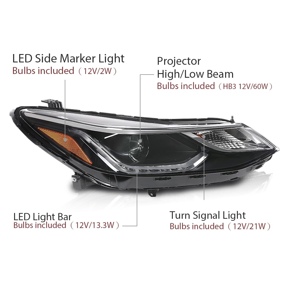 PIT66 LED DRL Headlight AssemblyAssembly Headlamps Left and Right Side Compatible with Chevy Cruze 2016-2019 Clear Lens Black Housing 42680785 42680786 84106695 84156516