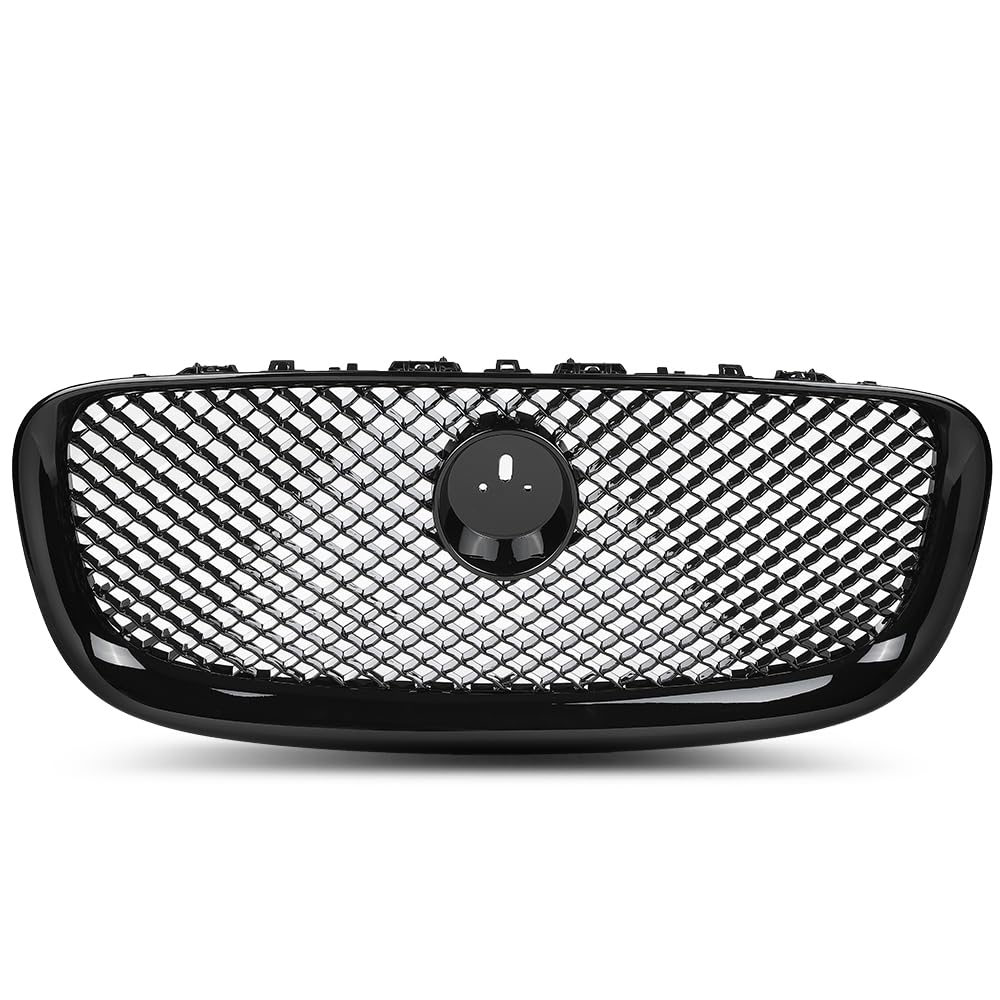 PIT66 Upper Front Mesh Grille W/Emblem Compatible with Jaguar XF XFR 2012-2015 Glossy Black