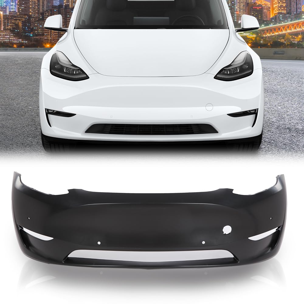 PIT66 Front Bumper Cover Panel W/Park Sensor Hole, Compatible with Tesla Model Y 2020 2021 2022 2023 Replacement 149374500A, 1493736S0A Black Primed