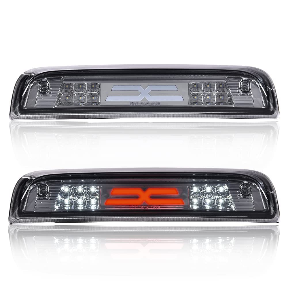 PIT66 3rd Brake Light Compatible with Chevy Silverado 2014-2020/Compatible with GMC Sierra 2014-2020 Led High Mount Stop Light Rear Cargo Lamps X Type White Smoked Lens Black Housing