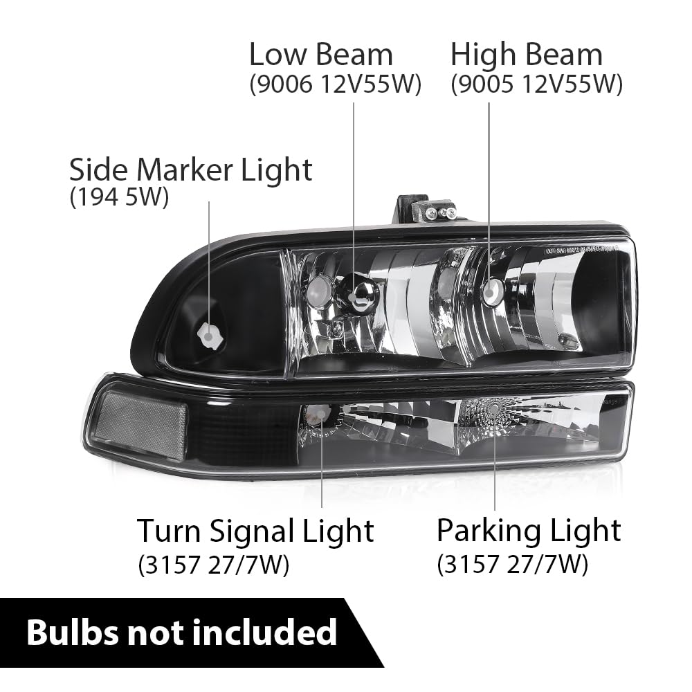PIT66 Headlights Assembly Corner Bumper Turn Signal Lights w/o Bulbs Compatible with Chevy Blazer 1998-2005 /Fit Chevy S10 Pickup 1998-2004 Clear Lens Black Housing Clear Reflector