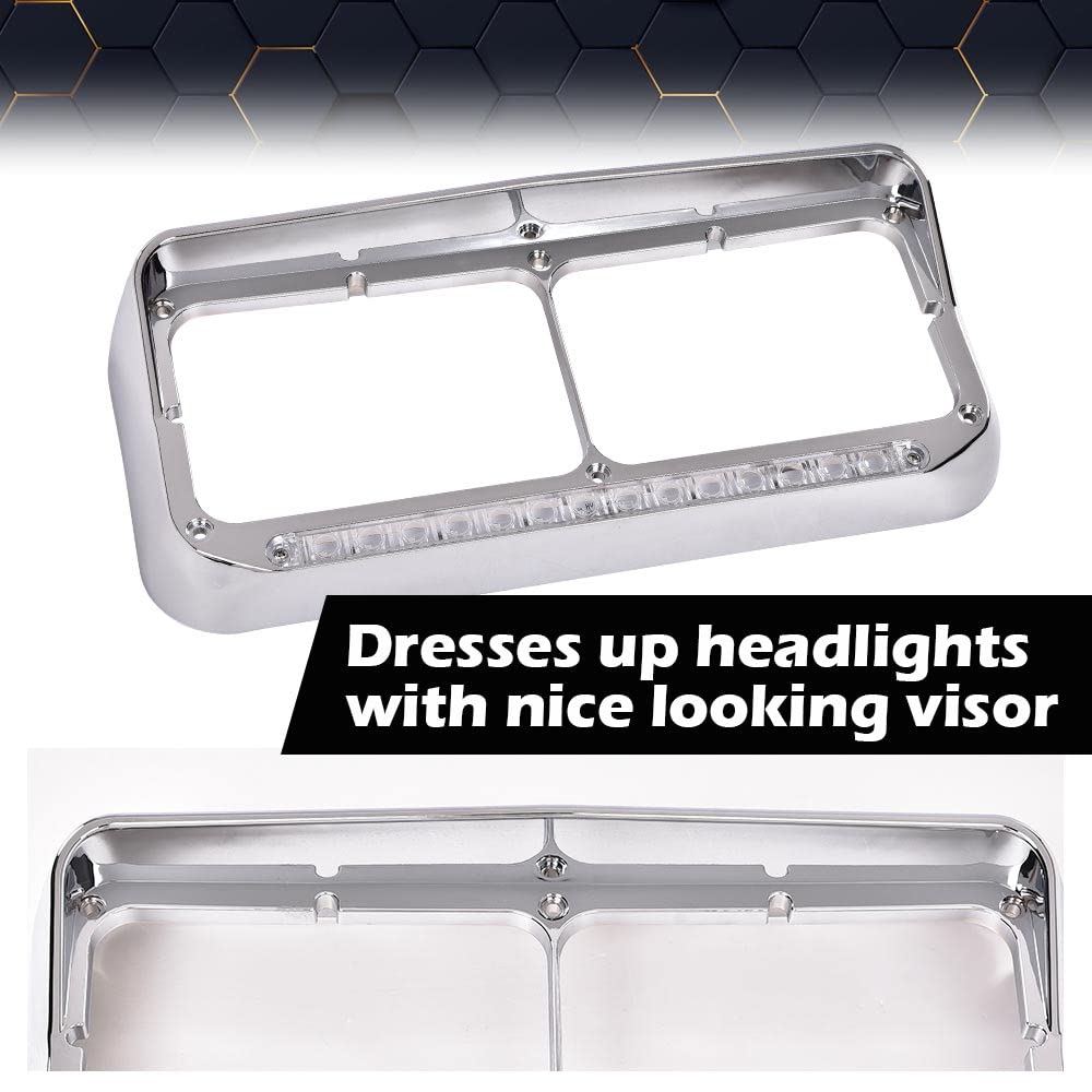 PIT66 12" Headlight Visor Bezels w/Amber LED Bar Compatible with Kenworth T400 T600 T800 W900 Classic 120 132 /Peterbilt 378 379 /Western Star 4900