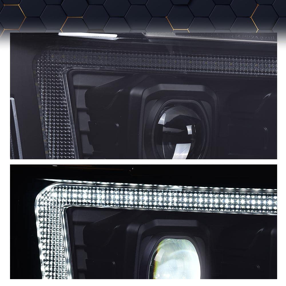 PIT66 LED Tube Dual Projector Headlight Assembly Compatible with 2007-2013 Chevy Avalanche Suburban 2500/2007-2014 Tahoe Suburban 1500 Headlamps Front Lights Smoke Lens Black Housing Clear Reflector