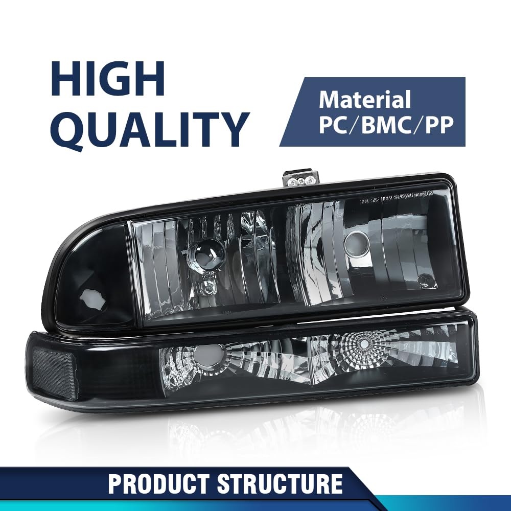PIT66 Headlights Assembly Bumper Turn Signal Light Lamp Compatible with Chevy Blazer 1998-2005/Fit Chevy S10 Pickup 1998-2004 for Model with Bumper Lights Smoky Lens Black Housing Clear Reflector