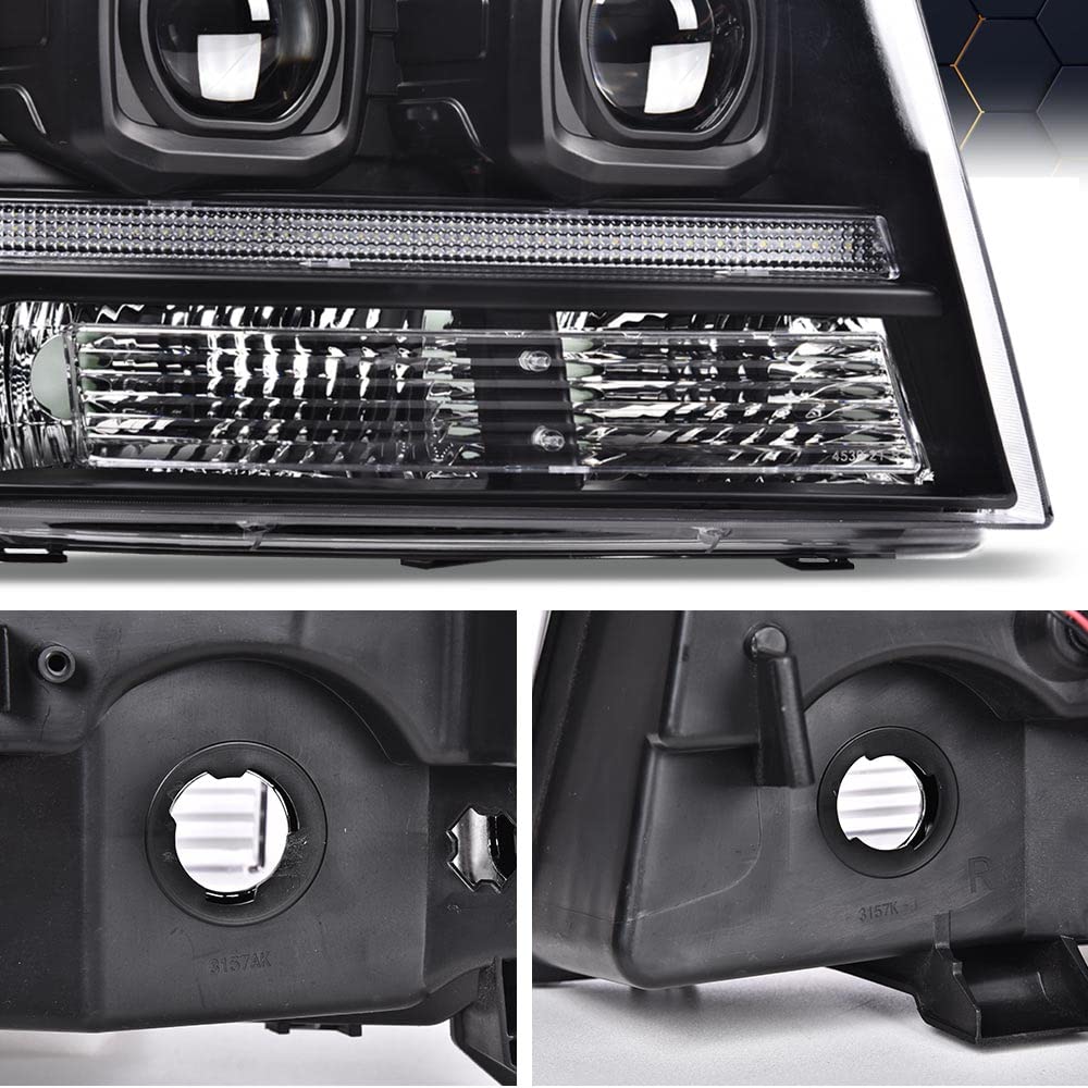 PIT66 LED Tube Dual Projector Headlight Assembly Compatible with 2007-2013 Chevy Avalanche Suburban 2500/2007-2014 Tahoe Suburban 1500 Headlamps Front Lights Smoke Lens Chrome Housing Clear Reflector
