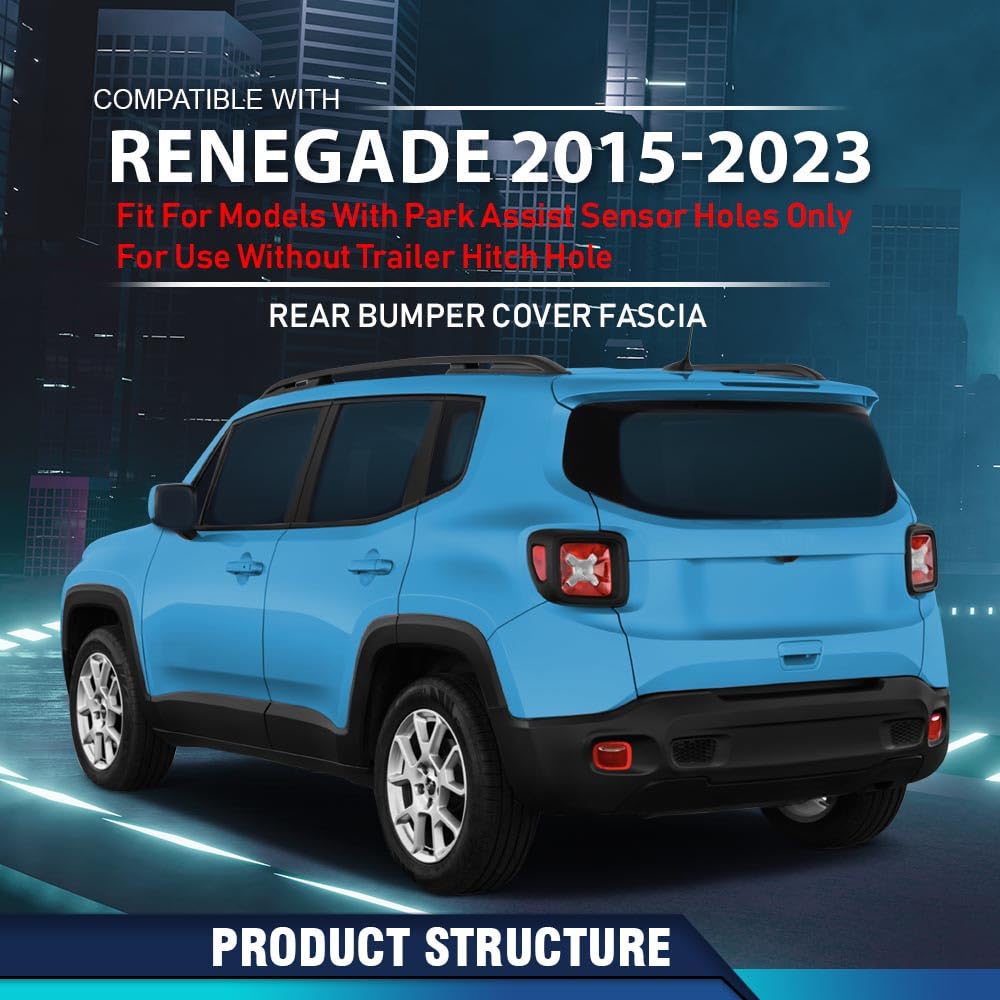 PIT66 Rear Bumper Cover Fascia Compatible with Jeep Renegade 2015-2023, Fit For Models With Park Assist Sensor Holes Only, For Use Without Trailer Hitch Hole CH1100A16, 187-01718E, 6AE89LXHAA Black