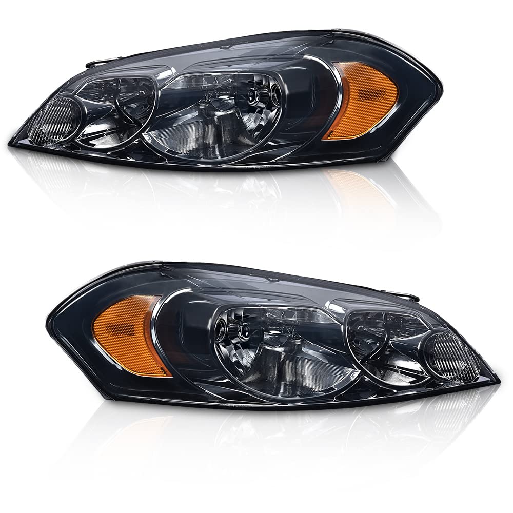 PIT66 Headlight Assembly Compatible with 06-13 Chevy Impala / 14-16 Impala Limited / 06-07 Chevy Monte Carlo Halogen Headlamps Assembly Accessories Smoky lens Chrome Housing Amber Reflector