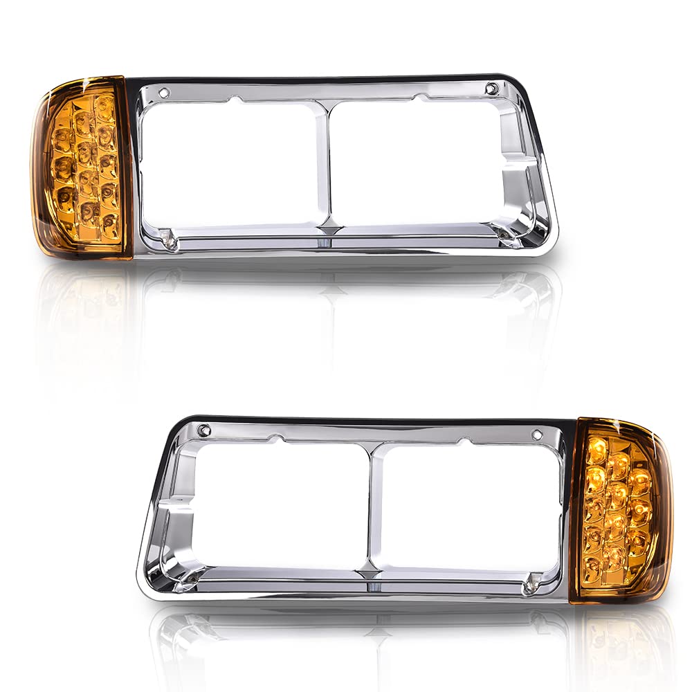 PIT66 Headlight Bezel W/LED Turn Signal Light, Compatible with 2010-2012 Freightliner FLD120 FLD120SD Left & Right Side #32337#32336