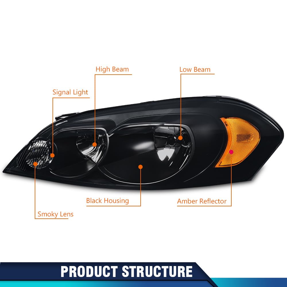 PIT66 Headlights Assembly Compatible with 2006-2013 Chevy Impala / 14-16 Impala Limited / 06-07 Monte Carlo Halogen Headlamps Assembly Accessories Smoky lens Black Housing Amber Reflector