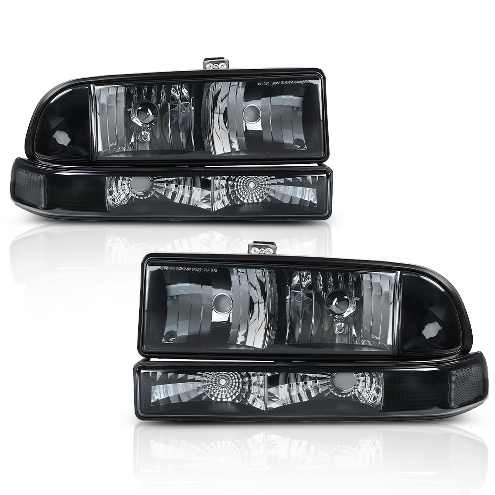 PIT66 Headlights Assembly Bumper Turn Signal Light Lamp Compatible with Chevy Blazer 1998-2005/Fit Chevy S10 Pickup 1998-2004 for Model with Bumper Lights Smoky Lens Black Housing Clear Reflector