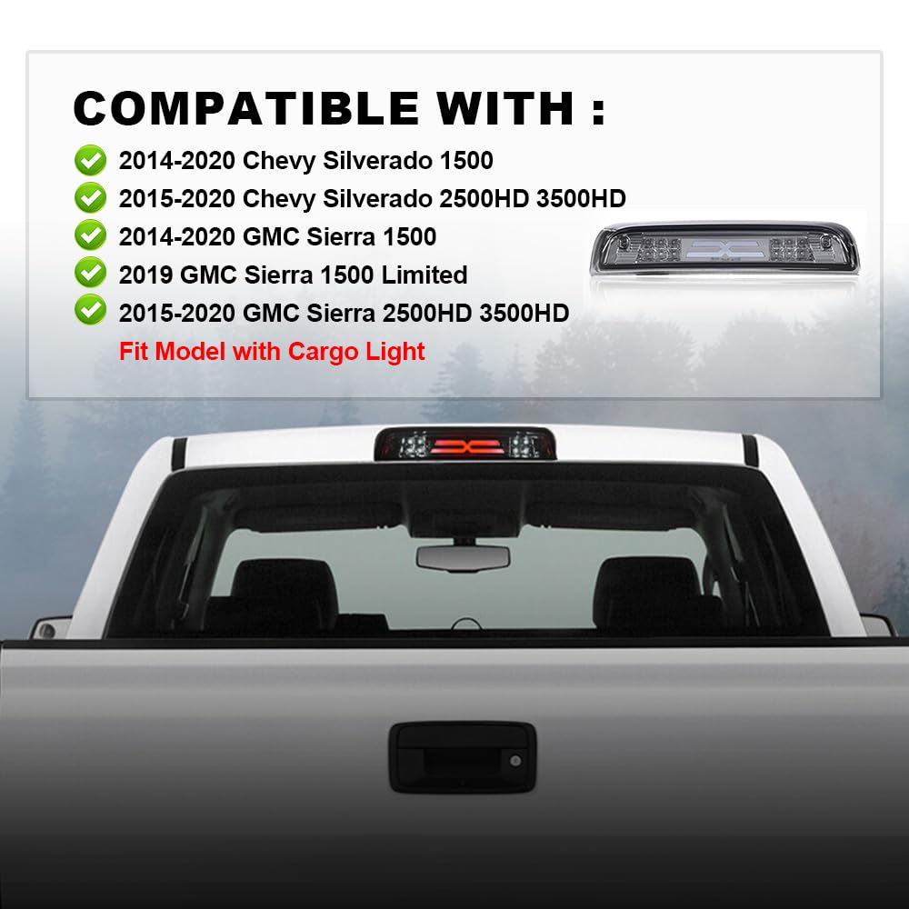 PIT66 3rd Brake Light Compatible with Chevy Silverado 2014-2020/Compatible with GMC Sierra 2014-2020 Led High Mount Stop Light Rear Cargo Lamps X Type White Smoked Lens Black Housing