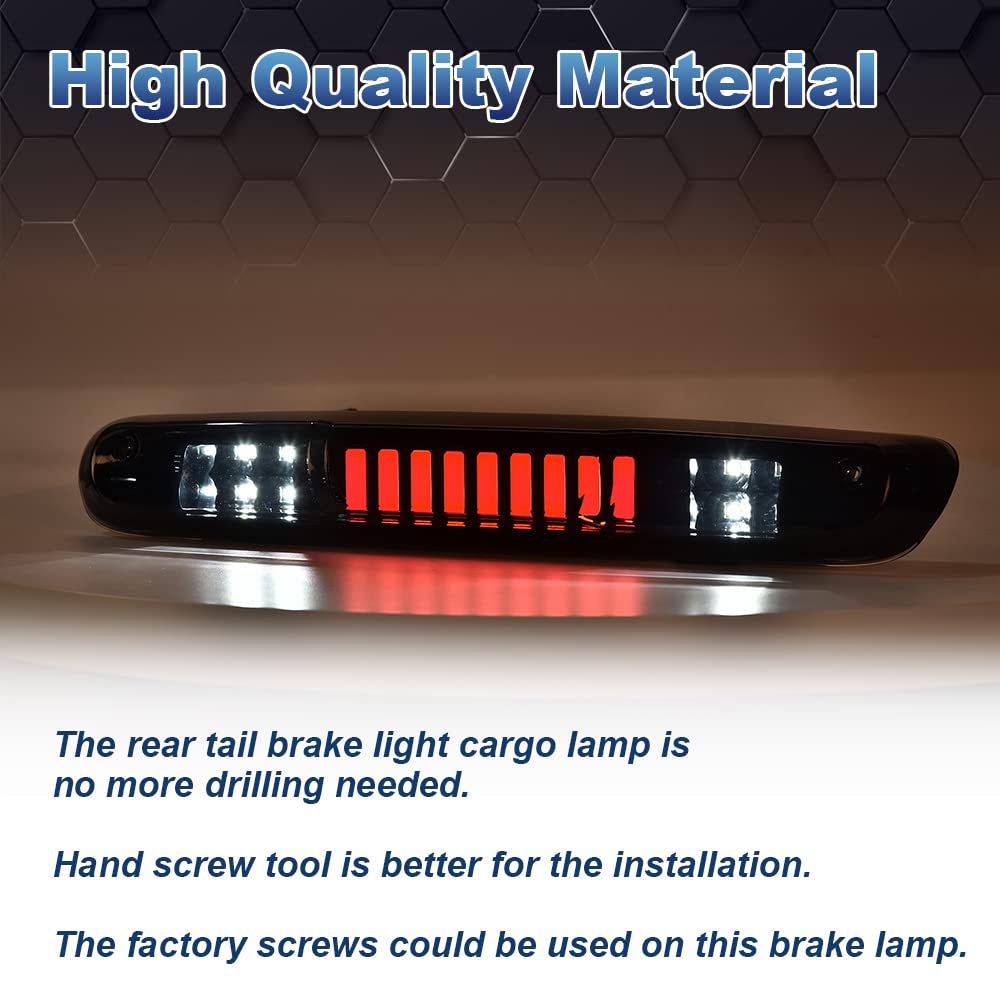 PIT66 LED 3rd Brake Light, Compatible with 2007-2014 Chevy Silverado/2007-2014 GMC Sierra/Compatible with 2009-2010 H-ummer H3T LED Third Brake Light Cargo Black Housing Smoky Lens