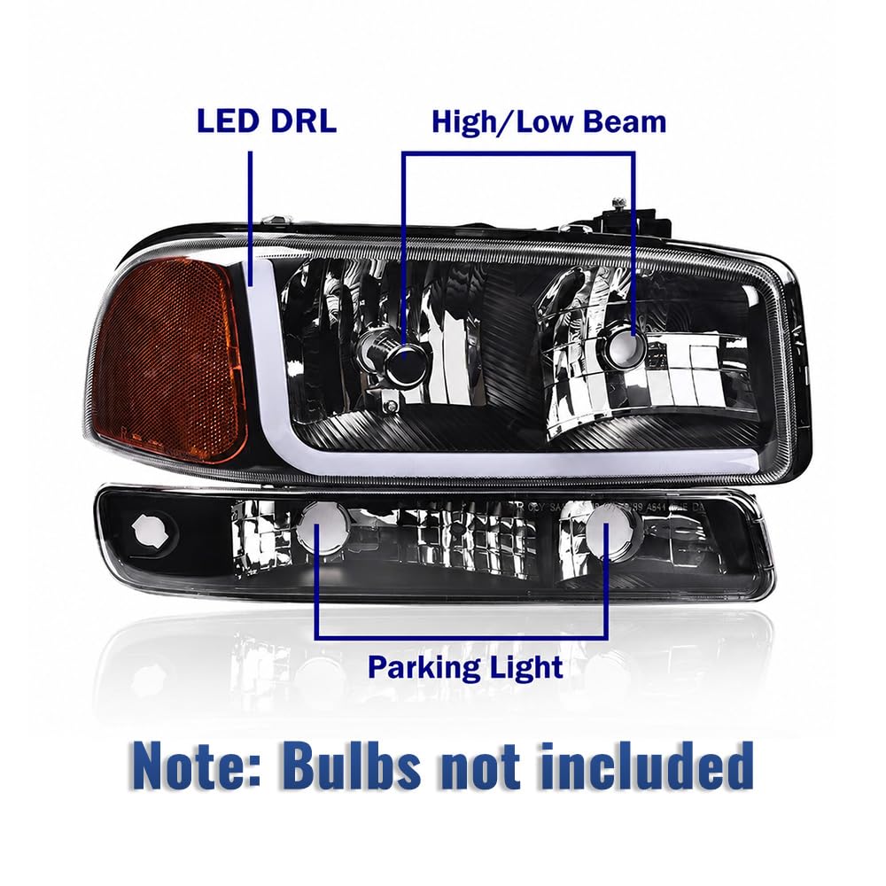 PIT66 LED DRL Headlights Assembly Fit 1999-2007 GMC Sierra, 00-06 Yukon