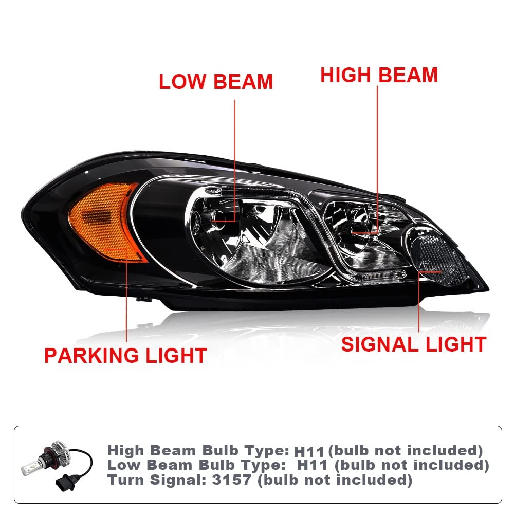 PIT66 Led Headlight Assembly Compatible with 06-13 Chevy Impala /14-16 Impala Limited / 06-07 Chevy Monte Carlo Headlamp DRL Assembly Accessories Smoky lens Chrome Housing Amber Reflector