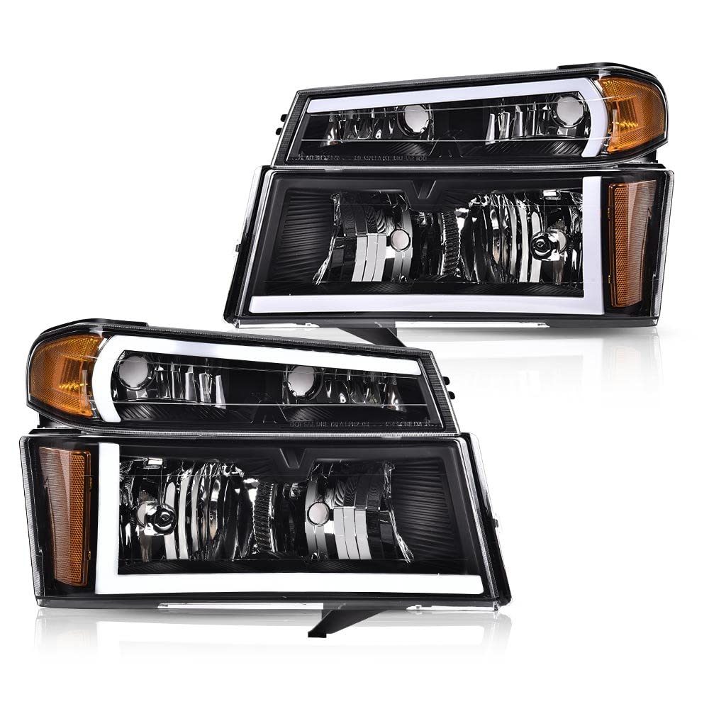 PIT66 LED DRL Headlight Assembly Fit 2004-2012 Chevy Colorado & GMC Canyon/Fit 2006 Isuzu i-280 i-350/07-08 Isuzu i-290 i-370 Headlamps Clear Lens Black Housing Amber Reflector