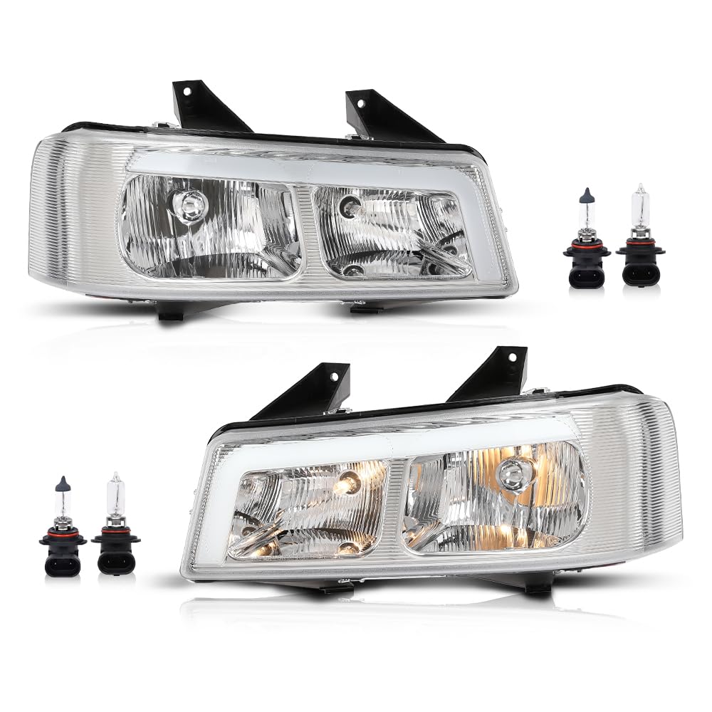 PIT66 LED Headlights Assembly w/Bulbs Compatible with Chevy Express GMC Savana 1500 2003-2014/ Fit GMC Savana 2500 3500 2003-2023 Clear Lens Chrome Housing Front Headlamps