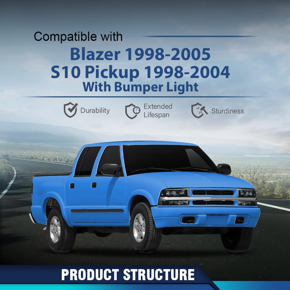 PIT66 LED DRL Headlights Assembly Bumper Turn Signal Light Lamp, Compatible with Chevy Blazer 1998-2005/ Fit Chevy S10 Pickup 1998-2004 with Bumper Lights Smoky Lens Black Housing Clear Reflector