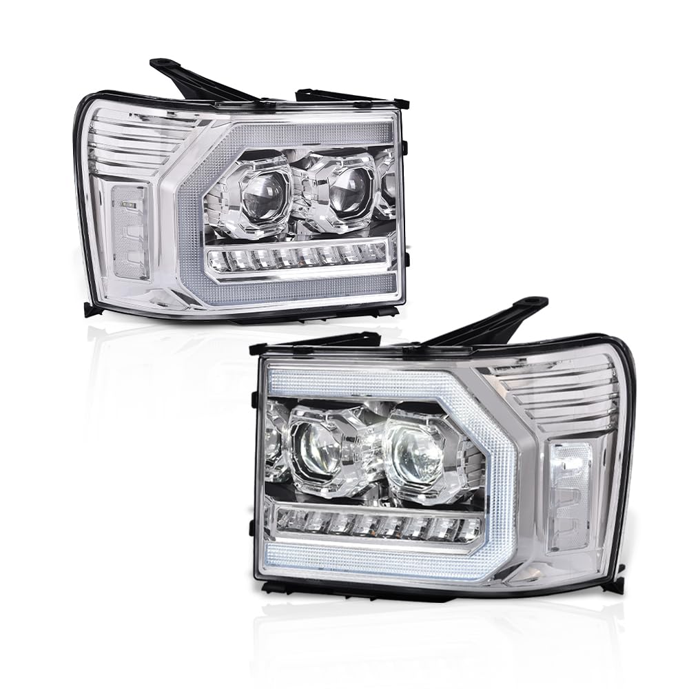 PIT66 LED DRL Tube Projector Headlights Assembly Compatible with GMC Sierra 1500 2007-2013, Fit Sierra 2500HD 3500HD 2007-2014 (Not Fit Classic models) Clear Lens Chrome Housing Clear Reflector