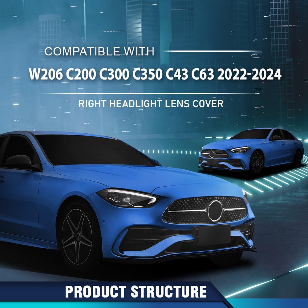 PIT66 Headlight Lens Cover Right Side Compatible with Benz C300 4Matic Convertible/Coupe 2-Door/Sedan 4-Door 2.0L 2022 2023 A2069063003 Front Headlamp Lens Cover Clear