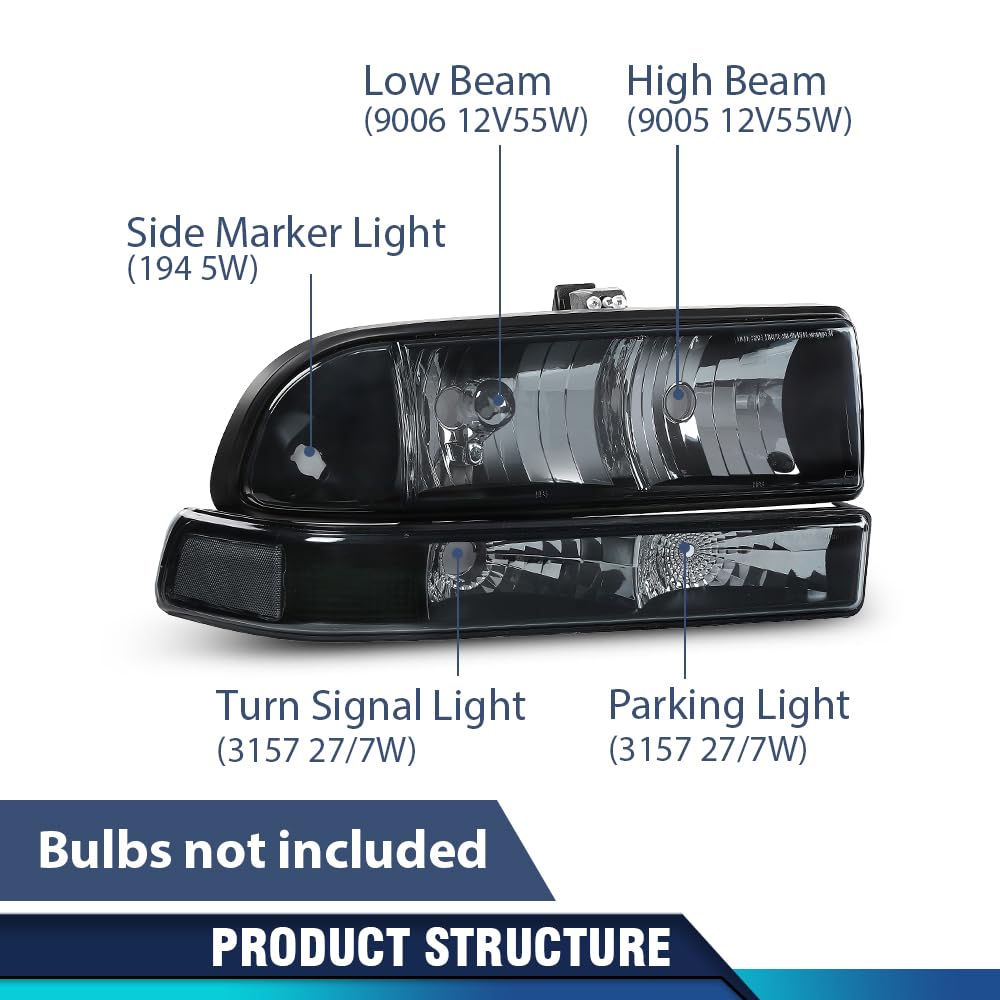 PIT66 Headlights Assembly Bumper Turn Signal Light Lamp Compatible with Chevy Blazer 1998-2005/Fit Chevy S10 Pickup 1998-2004 for Model with Bumper Lights Smoky Lens Black Housing Clear Reflector