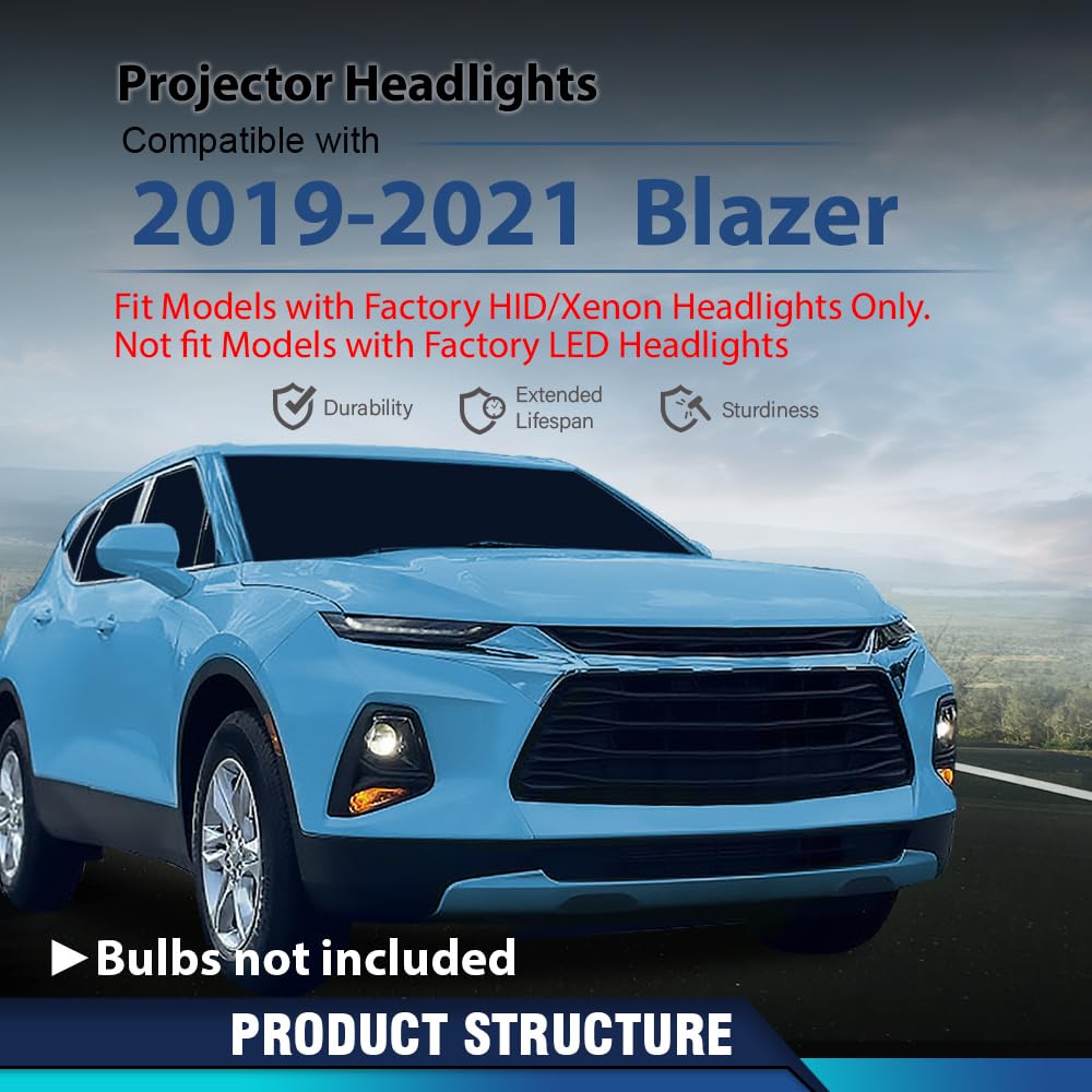 PIT66 HID/Xenon Projector Headlights Assembly Headlamps Pair w/o Ballast & D3S Bulb Compatible with Chevy Blazer 2019-2021 (Not fit Models with Factory LED Headlight) Clear Lens Chrome Housing
