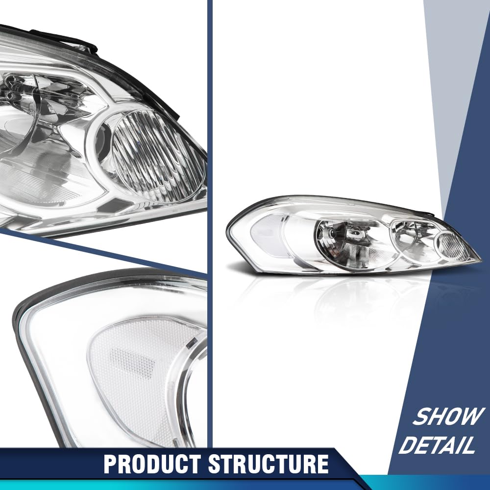 PIT66 Headlights Assembly Compatible with 2006-2013 Chevy Impala / 14-16 Impala Limited / 06-07 Chevy Monte Carlo Halogen Headlamps Accessories Clear lens Chrome Housing Clear Reflector
