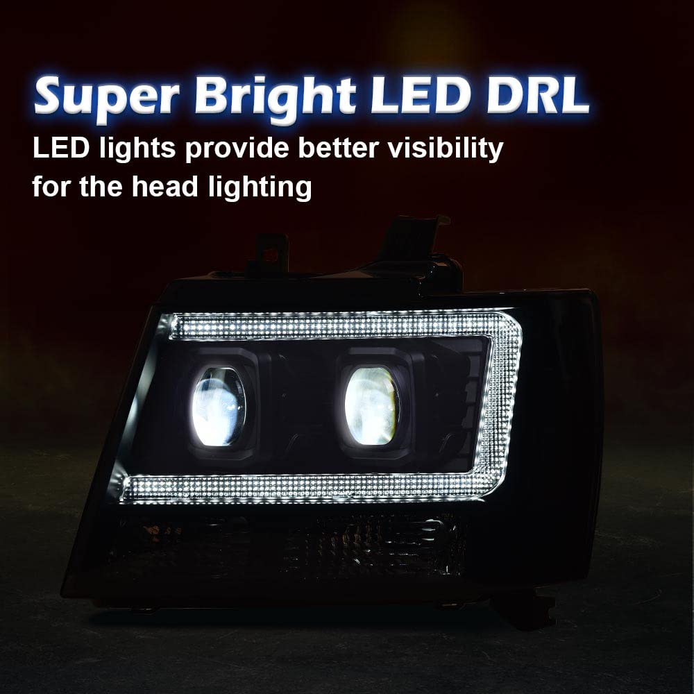 PIT66 LED Tube Dual Projector Headlight Assembly Compatible with 2007-2013 Chevy Avalanche Suburban 2500/2007-2014 Tahoe Suburban 1500 Headlamps Front Lights Smoke Lens Black Housing Clear Reflector