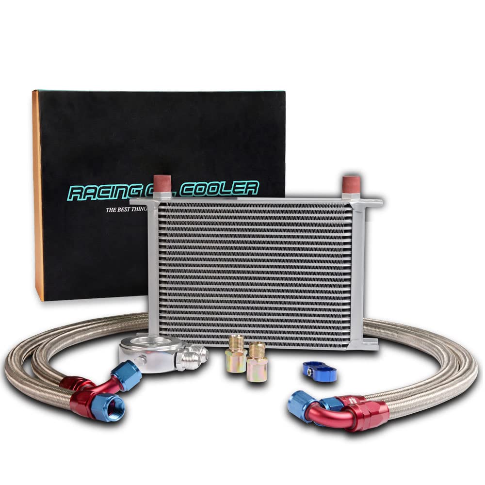 PIT66 25 Row AN10-10AN Universal Aluminum Engine Transmission Oil Cooler Kit+ Oil Filter Relocation Kit Silver B Set