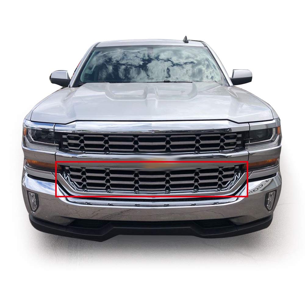 PIT66 1Pc Chrome Lower Bumper Grille Skin Guard Snap On Insert Compatible with Chevy 2016-2018 Silverado 1500 Grill