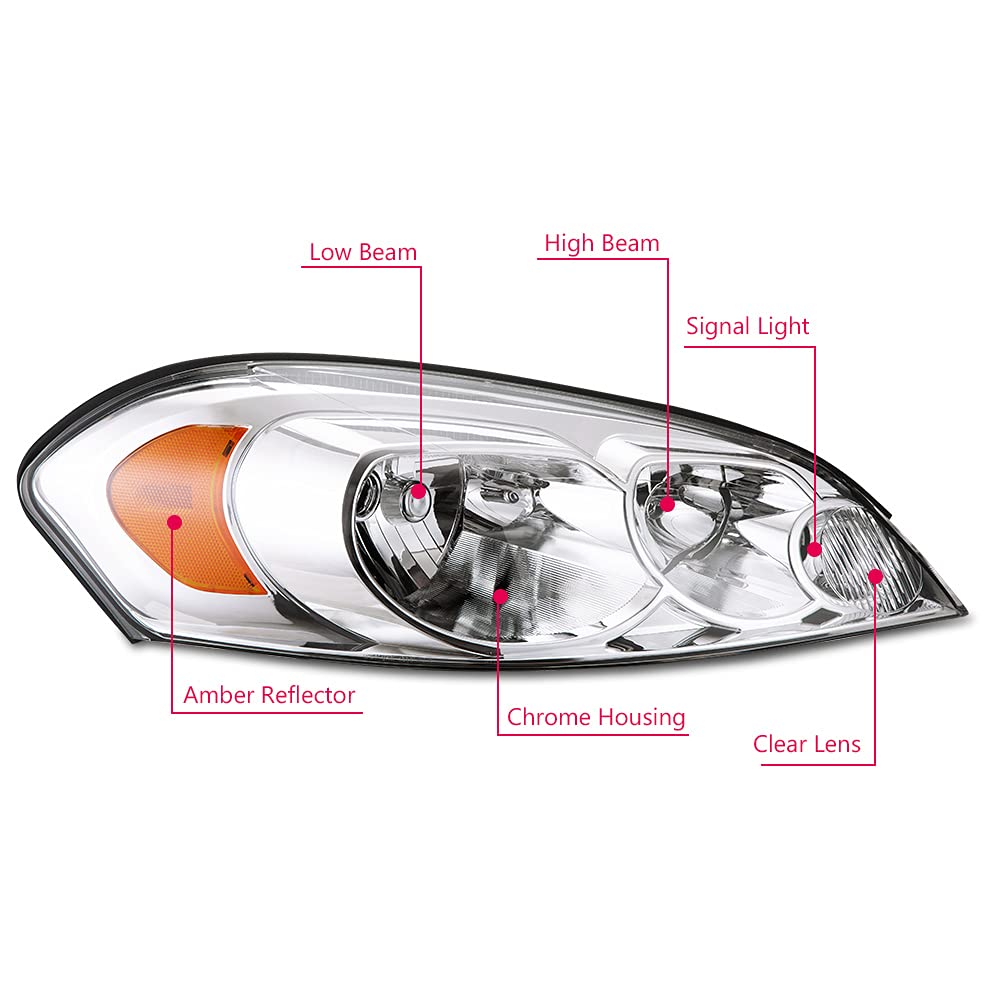 PIT66 Headlight Assembly Compatible with 06-13 Chevy Impala / 14-16 Impala Limited / 06-07 Chevy Monte Carlo Halogen Headlamps Assembly Accessories Clear lens Chrome Housing Amber Reflector