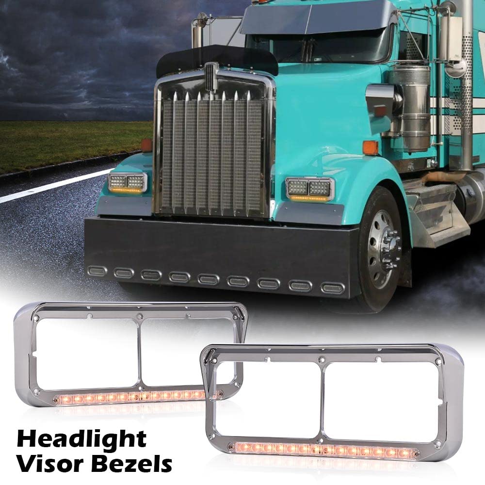 PIT66 12" Headlight Visor Bezels w/Amber LED Bar Compatible with Kenworth T400 T600 T800 W900 Classic 120 132 /Peterbilt 378 379 /Western Star 4900
