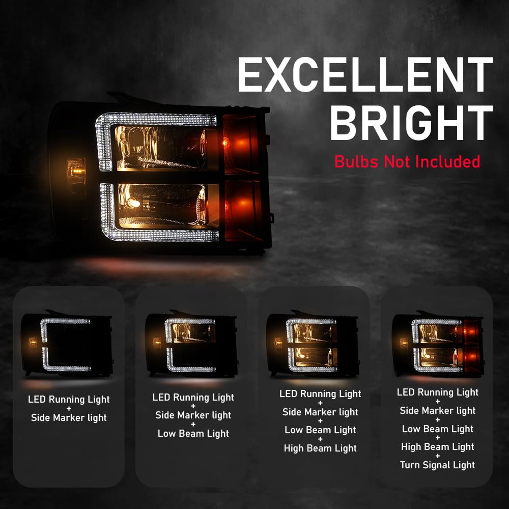 PIT66 LED DRL Headlights Pair Fit 2007-2013 GMC Sierra 1500 Headlamps