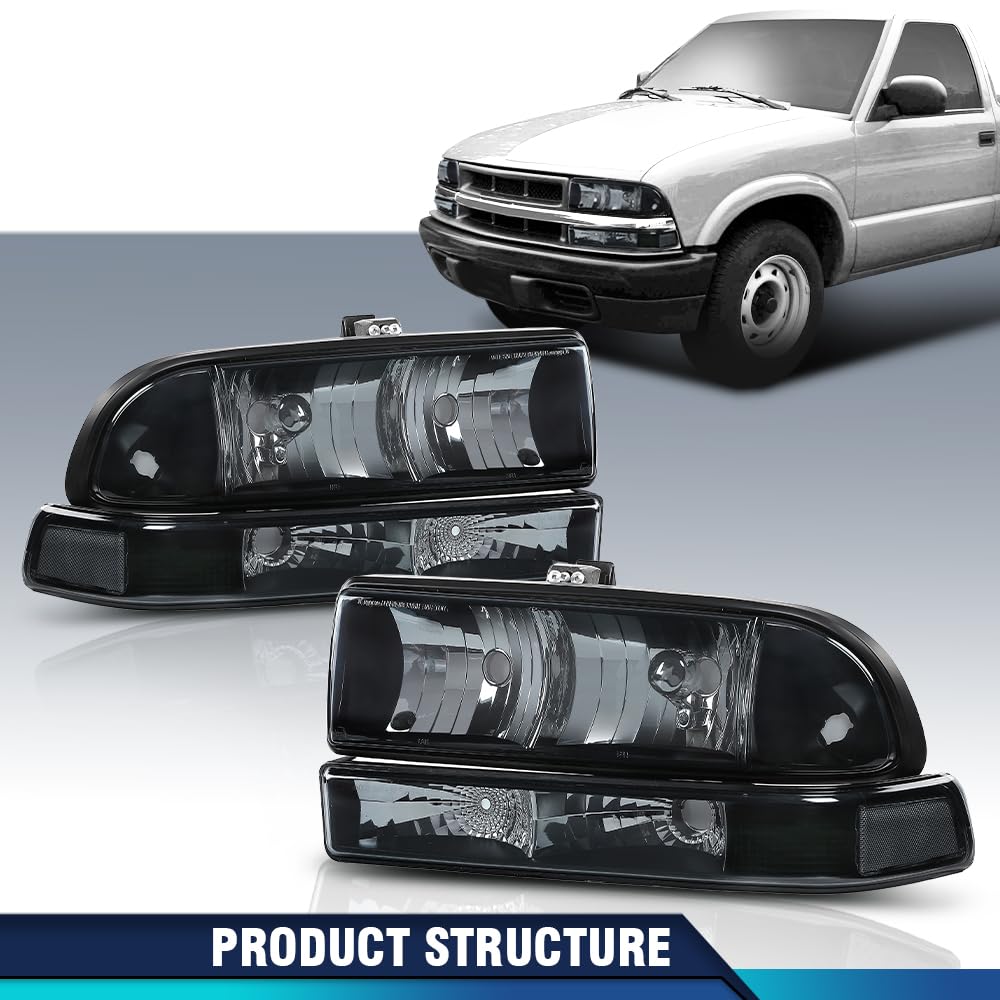 PIT66 Headlights Assembly Bumper Turn Signal Light Lamp Compatible with Chevy Blazer 1998-2005/Fit Chevy S10 Pickup 1998-2004 for Model with Bumper Lights Smoky Lens Black Housing Clear Reflector