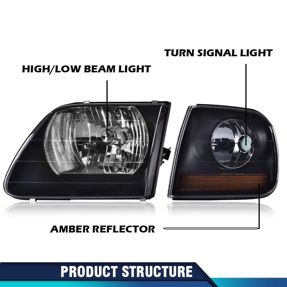 PIT66 Headlights Assembly Halogen Fit 1998-2003 Ford F150, 04 F150 Heritage