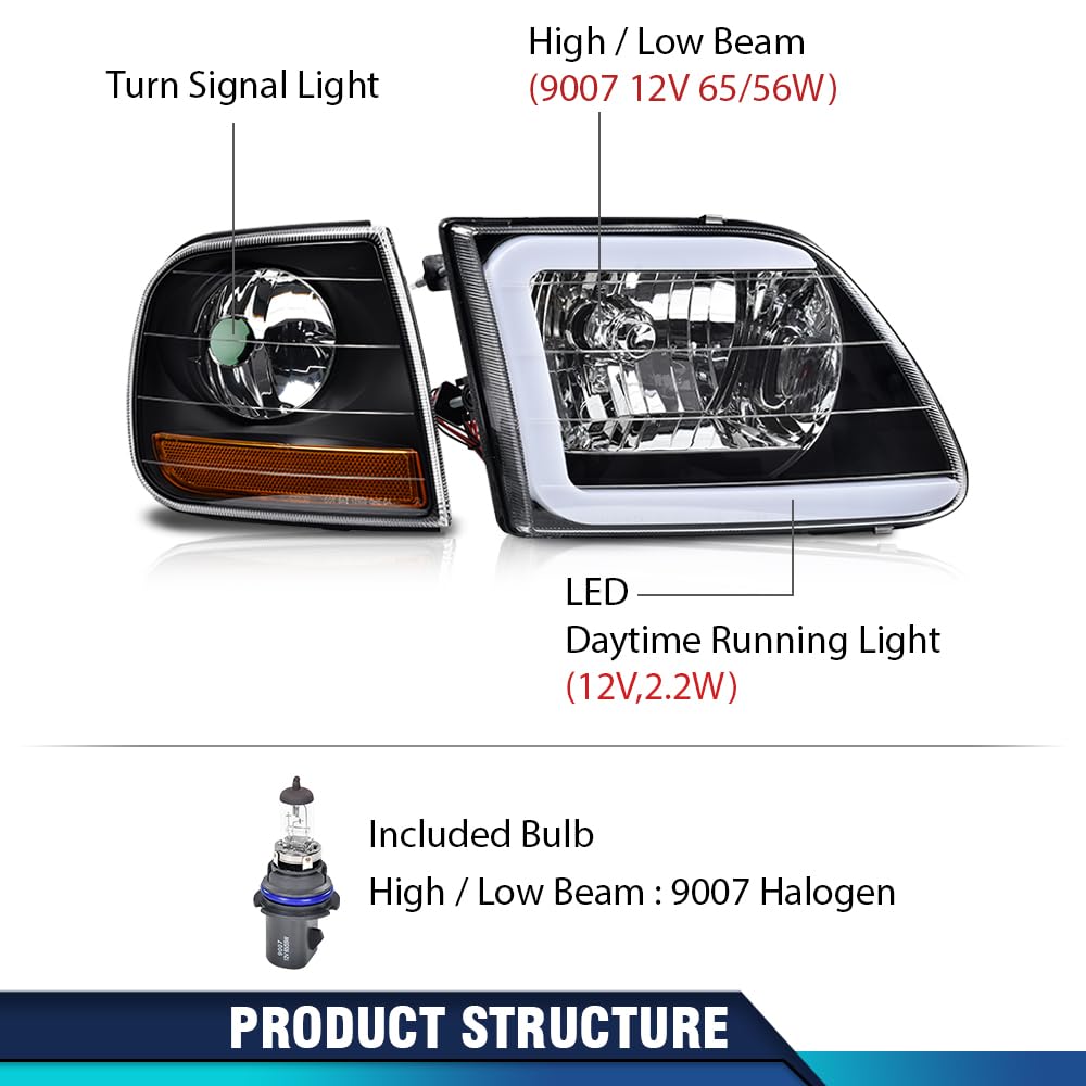 PIT66 LED DRL Headlights Assembly Fit Ford F150 1998-2003, F250 98-99