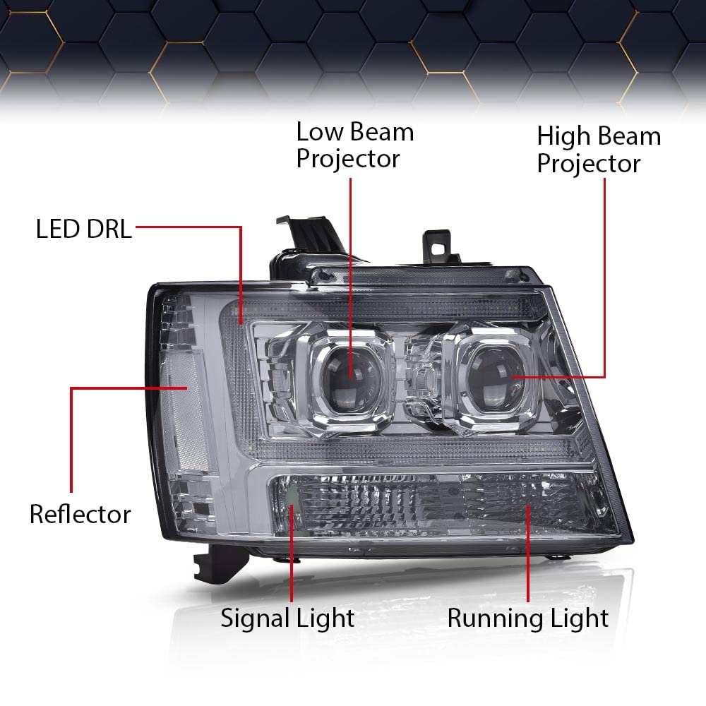 PIT66 LED Tube Dual Projector Headlight Assembly Compatible with 2007-2013 Chevy Avalanche Suburban 2500/2007-2014 Tahoe Suburban 1500 Headlamps Front Lights Smoke Lens Chrome Housing Clear Reflector